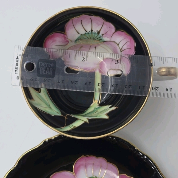 Japan Black Pink Floral Fine Bone China Teacup and Saucer - Picture 9 of 11